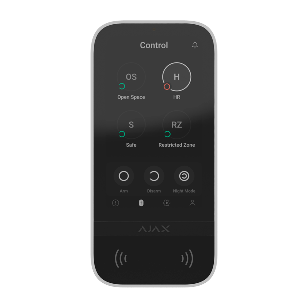 Clavier Ajax à écran tactile avec RFID Sans fil 868 MHz Jeweller
Armement/désarmement complet ou groupà Contrôle des scénarios d'automatisation
Authentification: codes, lecteur RFID ou Bluetooth
Notifications visuelles et sonores - Ajax | Ref: AJ-KEYPADTOUCHSCREEN-W